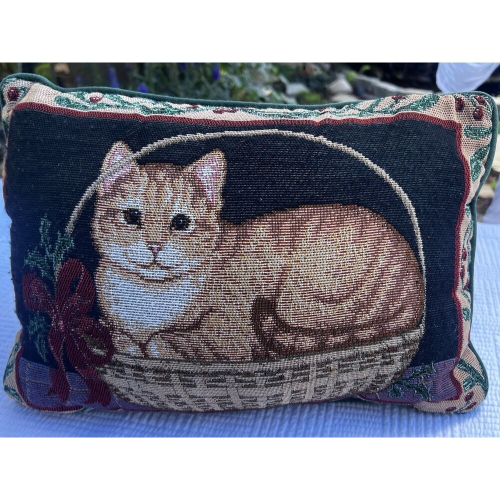 Vintage 1990s Cat Tapestry Throw Pillow Orange Tabby Kitten cottage core